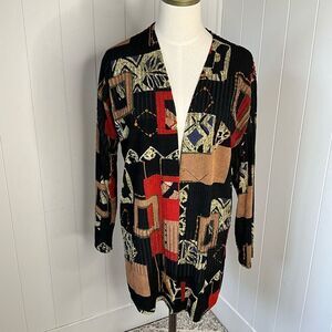 A Touch of Class Clothing Womens S/M Open Front Cardigan Black Red Geo Print